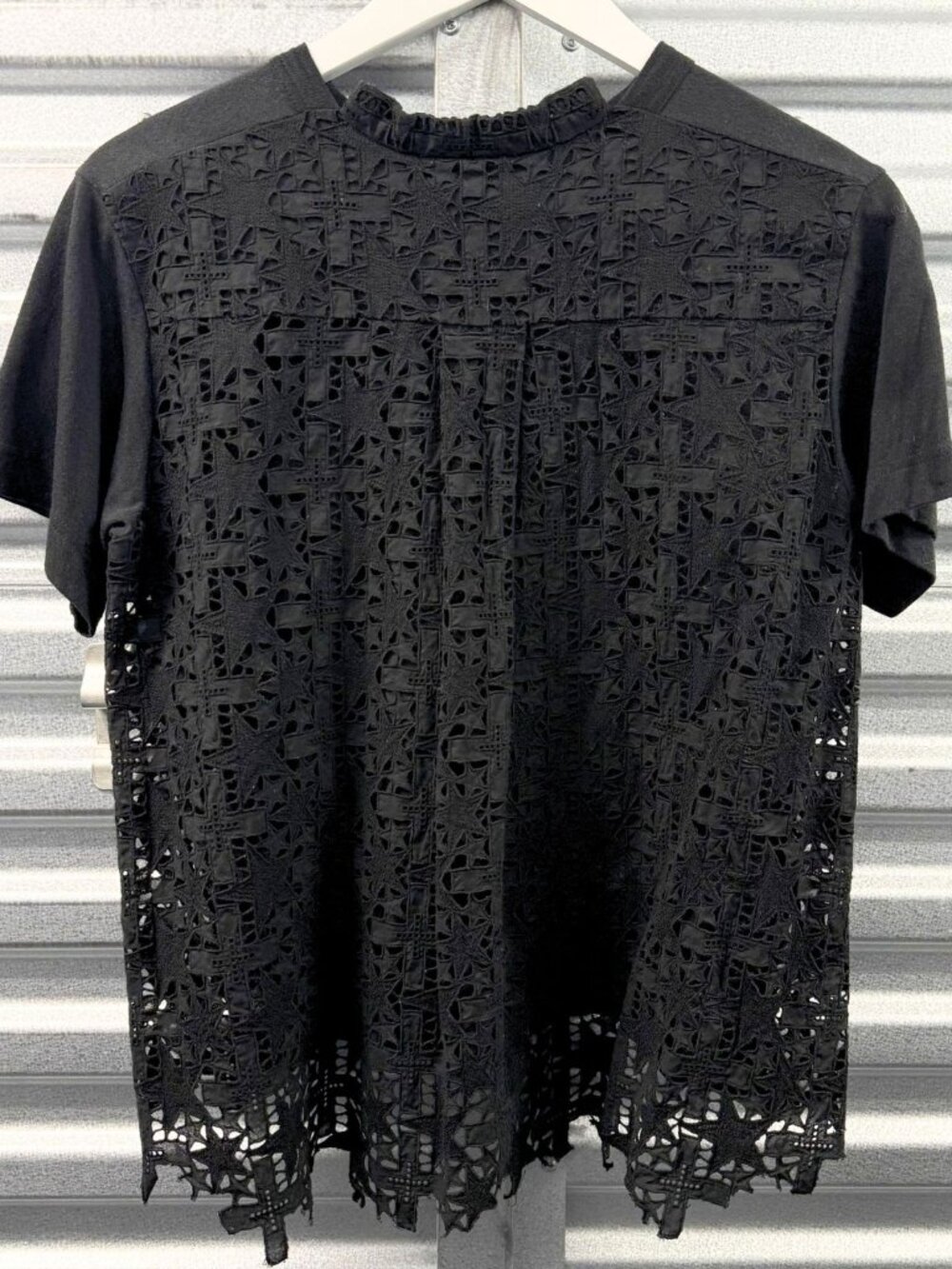 SACAI SS16 BLACK STAR CROSS LACE PATCHWORK T-SHIRT
